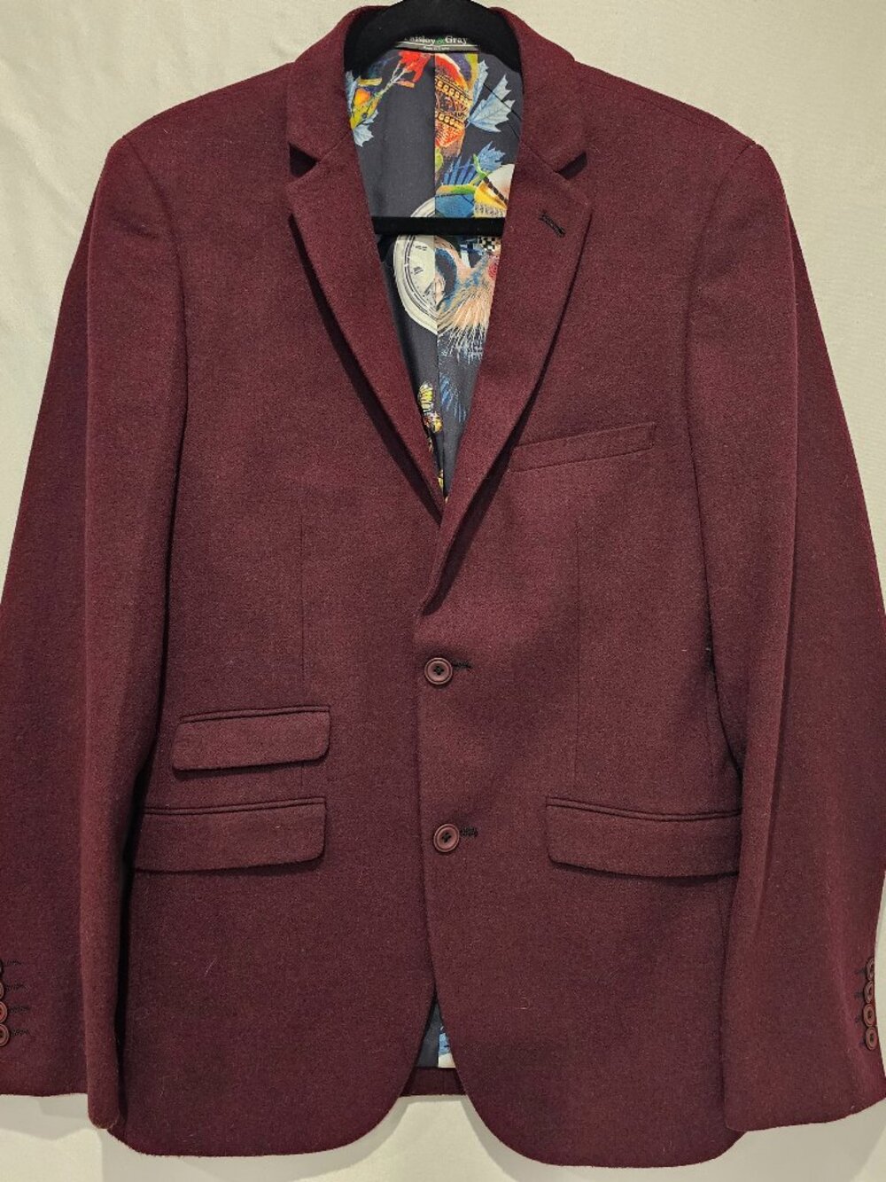 Paisley & Gray Slim Fit Blazer Jacket 38R Burgundy Wool Blend Peacock Lining